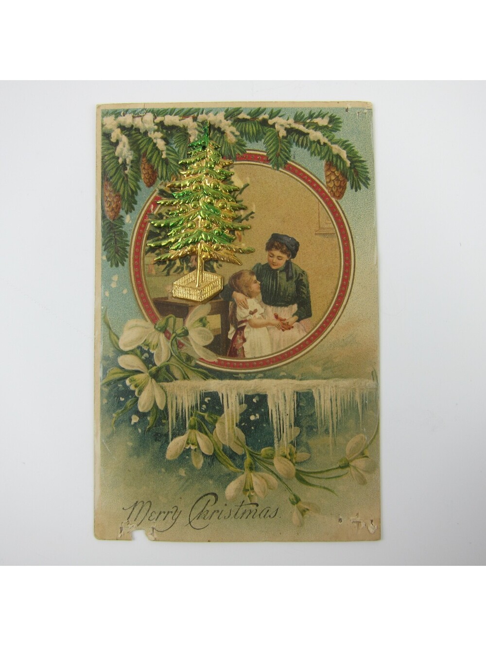 Antique Christmas Postcard Mother Daughter Snowy Tree 3D Novelty Attached 1908